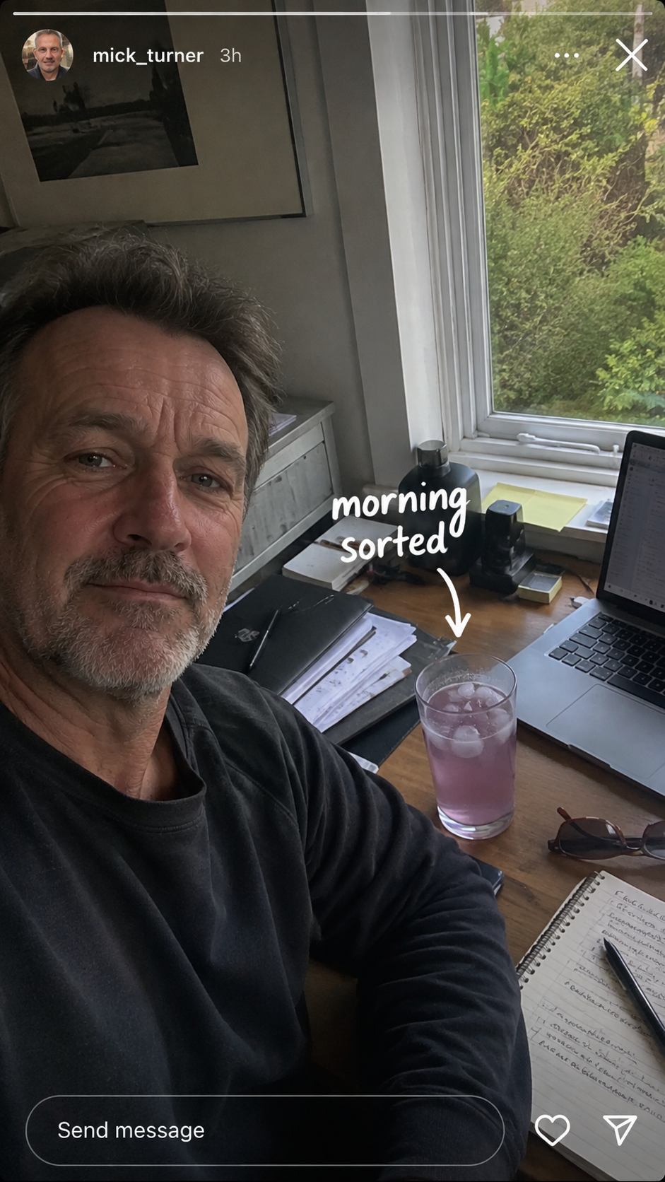 Instagram story: customer at his desk with Locked In, captioned morning sorted