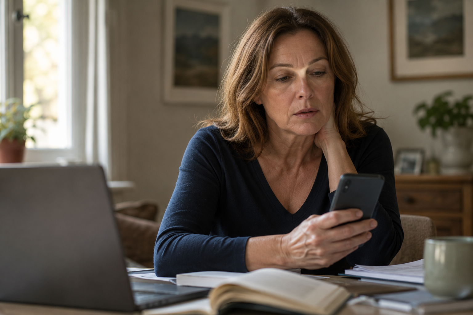 Woman struggling to focus on her phone at her desk