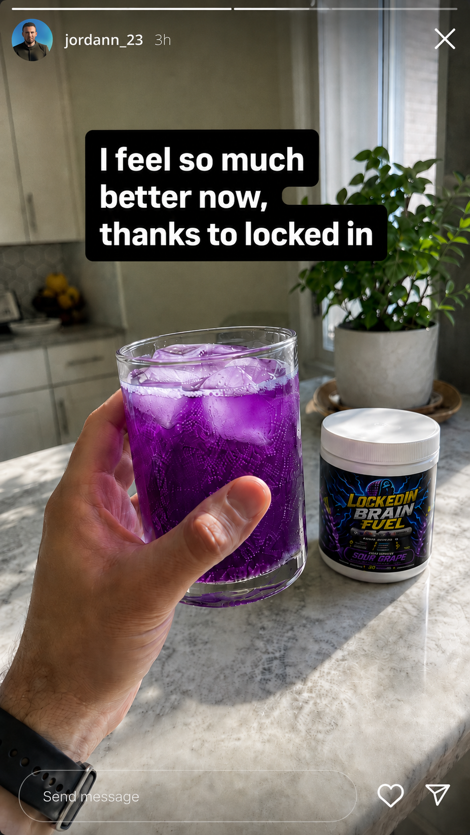 Instagram story: a hand holding a glass of Locked In Sour Grape next to the tub