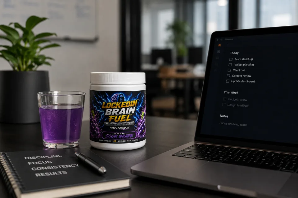 Locked In Brain Fuel on a modern workspace desk beside a laptop and notebook