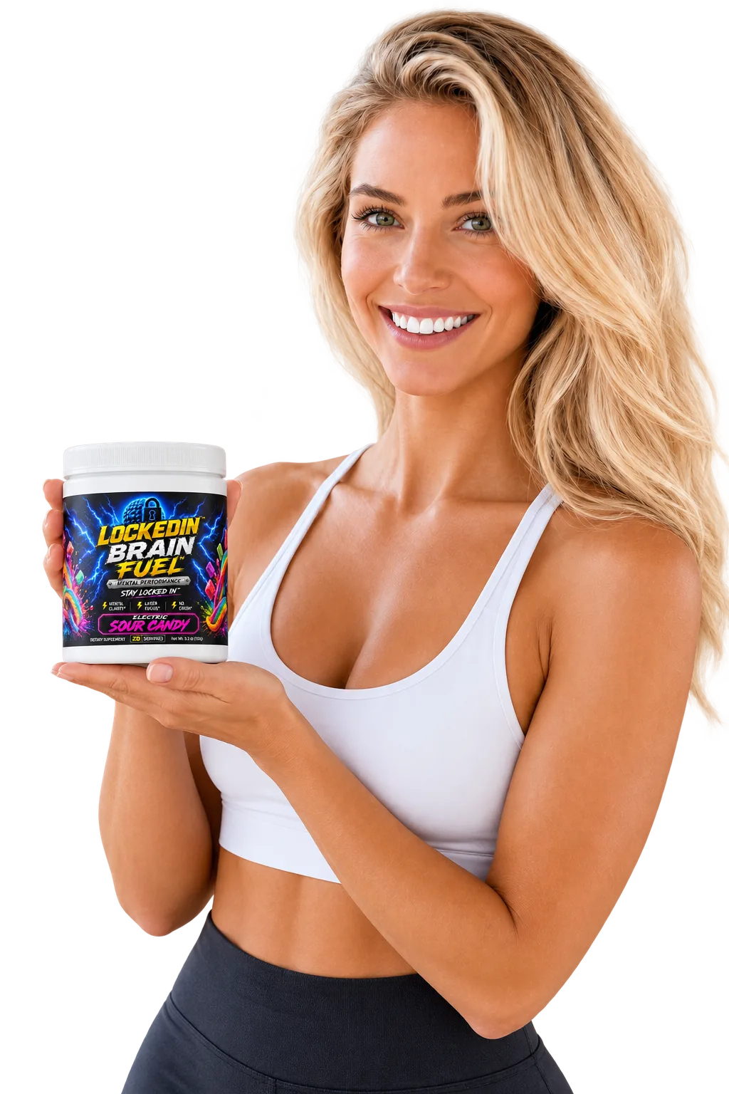 Customer smiling while holding a tub of Locked In Brain Fuel Electric Sour Candy