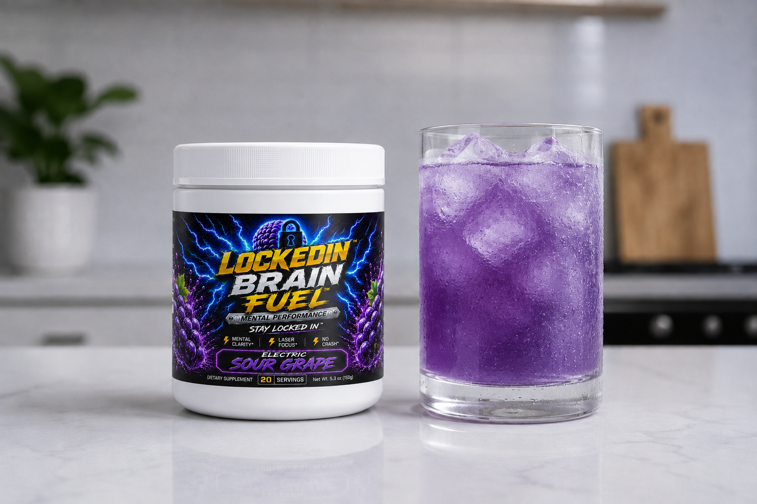 Locked In Brain Fuel Electric Sour Candy in the kitchen with a chilled glass